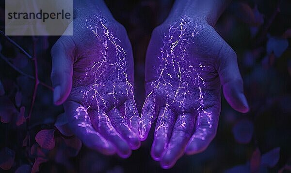 Two hands glowing with purple electric patterns against a dark background creating a mystical and futuristic atmosphere AI generated