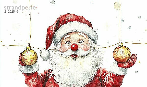 Eine Aquarellmalerei von Santa Claus hält zwei Weihnachtsschmuck. Das Gemälde hat eine festliche und fröhliche Stimmung  wie es den Geist der Weihnachtszeit KI erzeugt erfasst  KI generiert