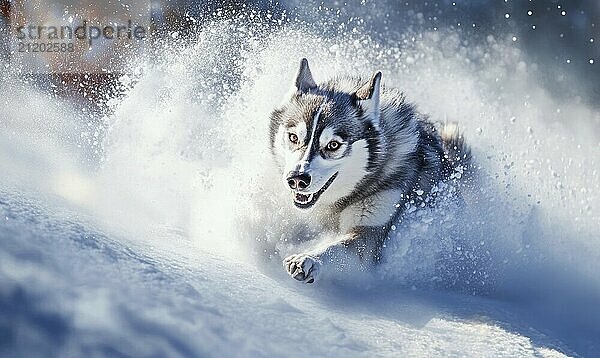 Ein Hund läuft mit herausgestreckter Zunge durch den Schnee. Der Hund scheint sich zu amüsieren  während er durch den Schnee rennt und AI erzeugt  KI generiert