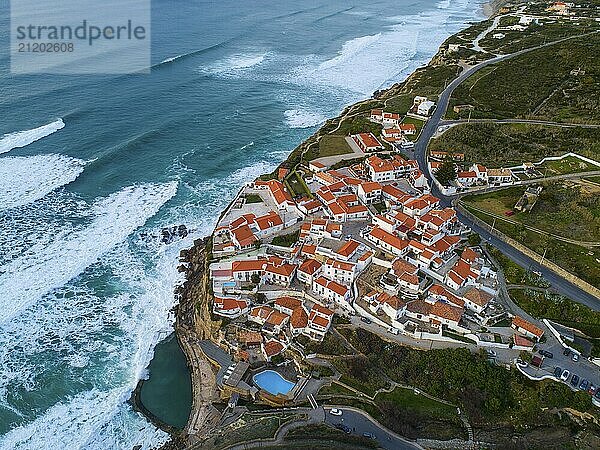 Aerial view of beautiful coastal town Azenhas do Mar in Portugal. The picturesque town on the Atlantic ocean