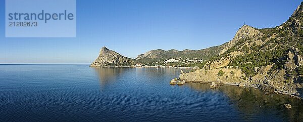 Aerial view of beautiful mountain rocks and sea landscape in Crimea