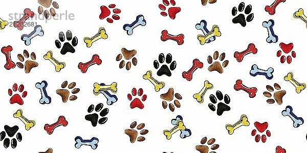 Seamless pattern of dog tracks and bones on a white background