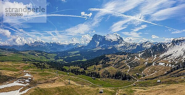 Panoramic view from the Seiser Alm to the Dolomites in Italy  drone shot