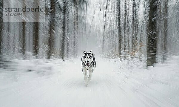 Ein Hund rennt durch den Schnee in einem Wald. Der Hund ist weiß und schwarz und er genießt das kalte Wetter. Der Schnee fällt leicht und schafft eine friedliche und heitere Atmosphäre KI erzeugt  KI generiert