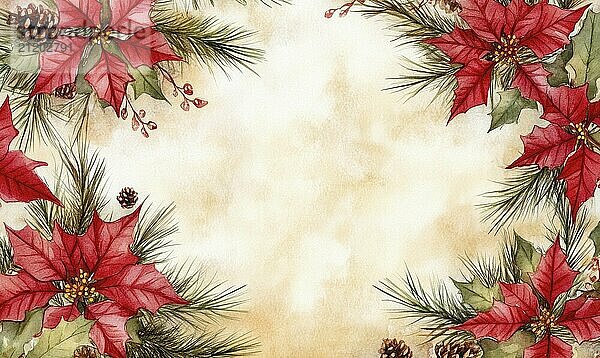 A beautiful Christmas card featuring a white background with a red poinsettia in the center and pine needles on the right. The red poinsettia is surrounded by a frame of pine needles AI generated