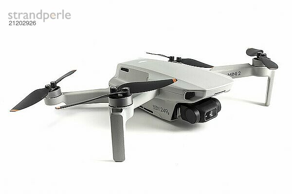 DJI Mini 2 drone isolated on white background. Vinnytsia  Ukraine  03.01.2022  Europe