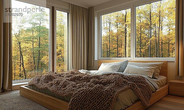 Scandinavian bedroom  light wood bed  warm blankets  panoramic windows  autumn foliage in warm tones AI generated