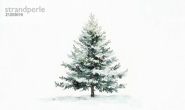 A watercolor painting of a Christmas tree with snow on it. The tree is the main focus of the painting  and it is surrounded by a white background. The painting evokes a sense of warmth and coziness AI generated