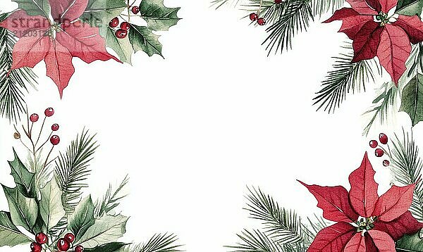 A white background with a red and green Christmas flower border. The flowers are red and green and are surrounded by pine needles AI generated