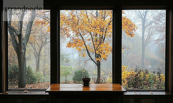 Blick aus dem großen Fenster auf eine neblige Herbstlandschaft AI generiert  KI generiert