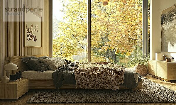 Warm Scandinavian bedroom  light wood bed  cozy blankets  large windows AI generated