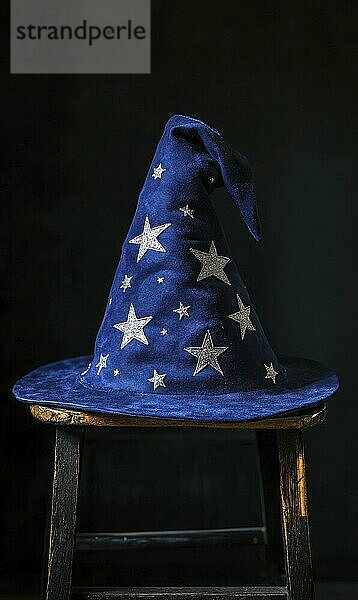 A blue wizard hat with star embellishments sits on a wooden stool against a dark background AI generated