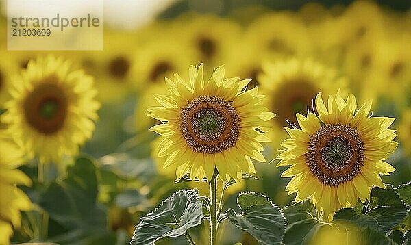 Closeup view on sunflower field  selective focus AI generated