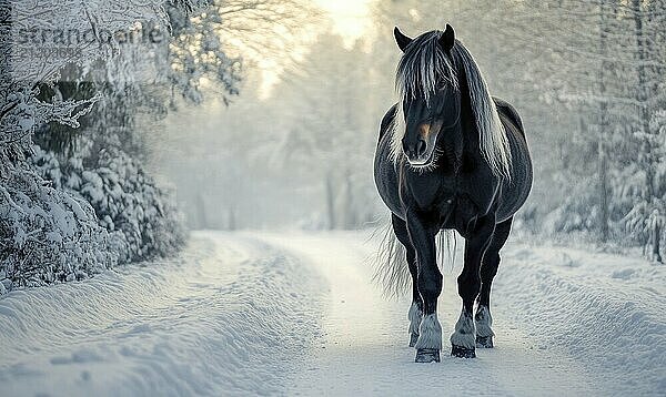 Ein Pferd läuft auf einer verschneiten Straße Das Pferd ist schwarz und weiß und hat eine weiße Mähne. Das Pferd läuft auf einer Straße  die mit Schnee bedeckt ist. Das Bild hat eine friedliche und heitere Stimmung KI erzeugt  KI generiert