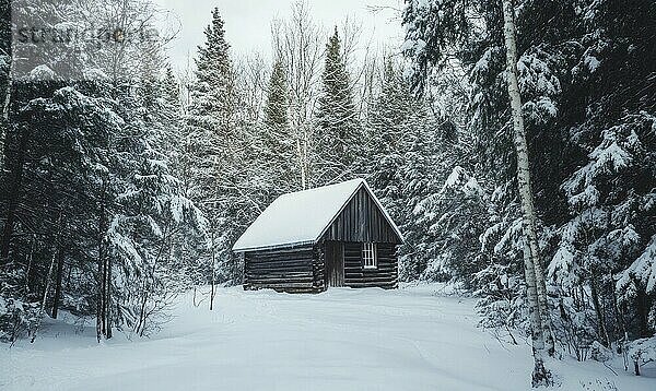 Eine kleine Hütte im Wald ist mit Schnee bedeckt. Die Hütte ist von Bäumen umgeben und der Schnee ist um sie herum aufgetürmt. Die Szene ist friedlich und ruhig  mit dem Schnee eine ruhige und ruhige Atmosphäre AI erzeugt  KI generiert