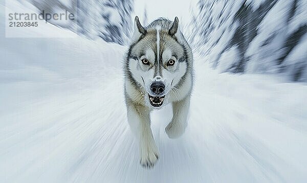 Ein Hund rennt mit offenem Maul und gefletschten Zähnen durch den Schnee. Der Hund scheint wütend und aggressiv zu sein AI erzeugt  KI generiert