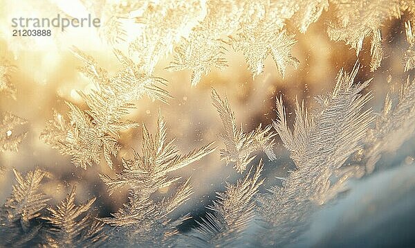 Eine Nahaufnahme eines frostigen Fensters mit Schneeflocken darauf. Die Schneeflocken sind kompliziert und zart  wodurch eine schöne und heitere Atmosphäre. Konzept der Ruhe und Gelassenheit AI generiert  KI generiert