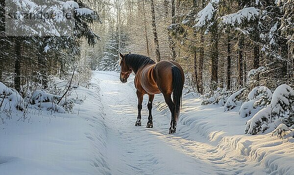 Ein Pferd läuft auf einem verschneiten Waldweg. Das Pferd ist braun und hat schwarze Markierungen am Schwanz. Die Szene ist friedlich und heiter  mit dem schneebedeckten Boden und der Ruhe des Waldes KI erzeugt  KI generiert