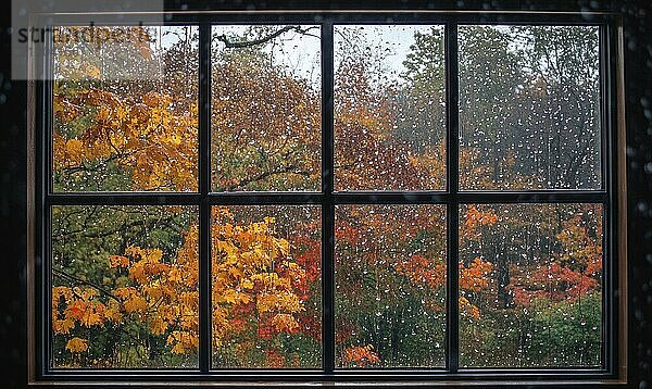 View from the large window on misty autumn landscape AI generated