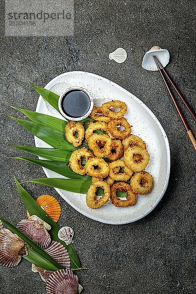 Food  Fried squids rings on white plate decorated with tropical leaves  gray concrete background  top view