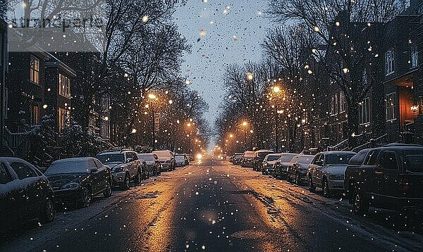 Eine verschneite Straße mit geparkten Autos auf beiden Seiten. Die Straße wird von Straßenlaternen beleuchtet und der Schnee fällt AI erzeugt  KI generiert