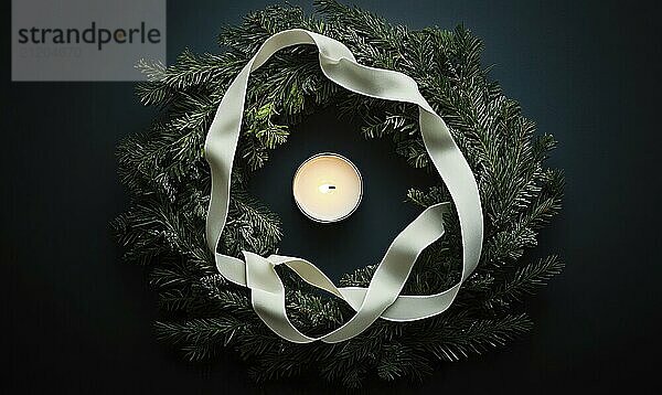 A single candle surrounded by a green wreath adorned with a white ribbon on a dark background AI generated