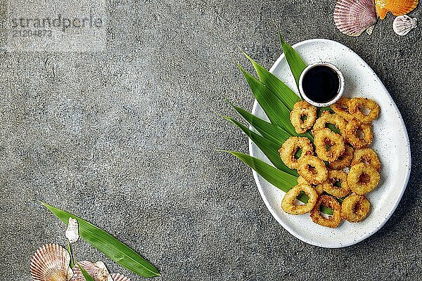 Food  Food  Fried squids rings on white plate decorated with tropical leaves  gray concrete background  top view