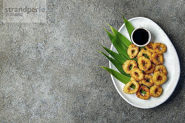 Food  Food  Fried squids rings on white plate decorated with tropical leaves  gray concrete background  top view