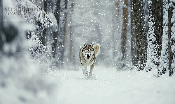 Ein Hund rennt durch den Schnee in einem Wald. Der Hund ist braun und weiß und er genießt das kalte Wetter. Die schneebedeckten Bäume im Hintergrund schaffen eine heitere und friedliche Atmosphäre KI erzeugt  KI generiert