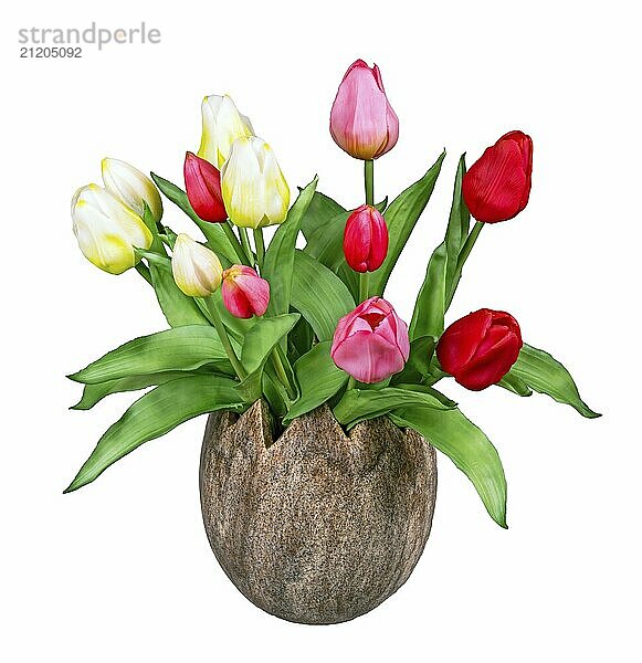 Spring deco with artificail tulips isolated on white in a vase