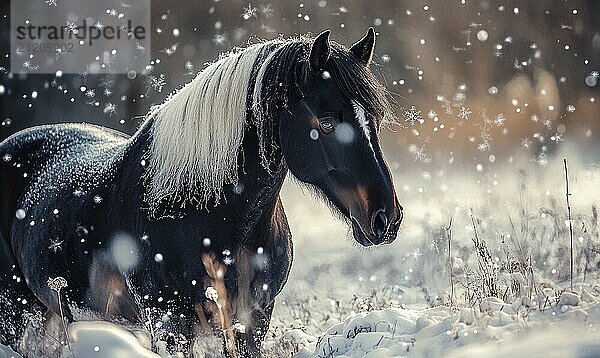 Ein Pferd steht mit gesenktem Kopf im Schnee. Der Schnee fällt um es herum und schafft eine friedliche und heitere Atmosphäre KI erzeugt  KI generiert