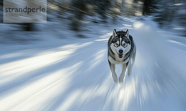 Ein Hund rennt durch den Schnee. Der Hund ist weiß und schwarz KI erzeugt  KI generiert