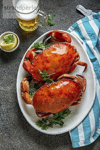 Food  Food  Whole cooked crabs on white plate with lemon and beer. Gray concrete background. Top view