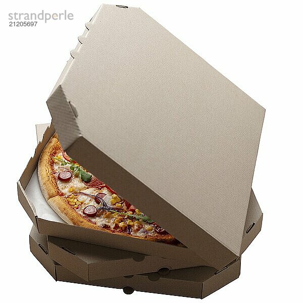 Pizza in open carton box isolated on white background high angle view with copy-space