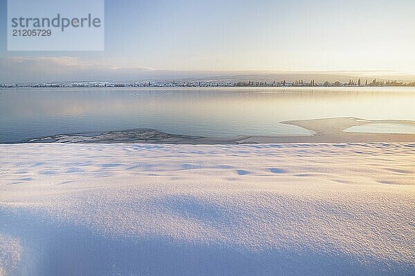 Winterliche Morgenstimmung am gefrorenen See mit klarer Sicht auf das Ufer in der Ferne  Seegarten  Allensbach  Bodensee  Baden-Württemberg  Deutschland  Europa