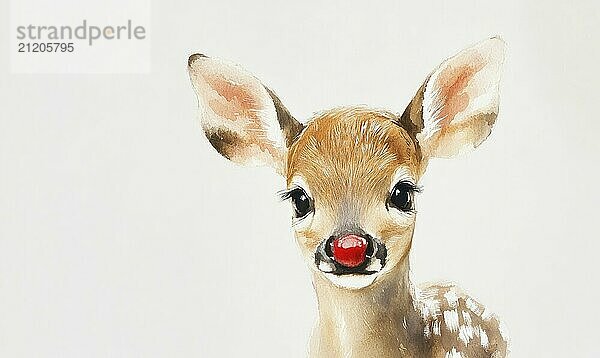 A cute little deer with a red nose is the main focus of the image. The deer is standing in front of a white background  which creates a sense of contrast and highlights the deer's features AI generated