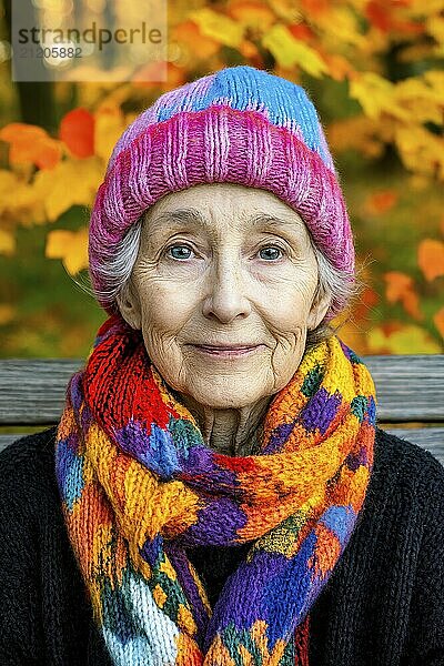 Elderly woman with colourful hat and scarf sits in an autumn park  generated with AI  AI generated