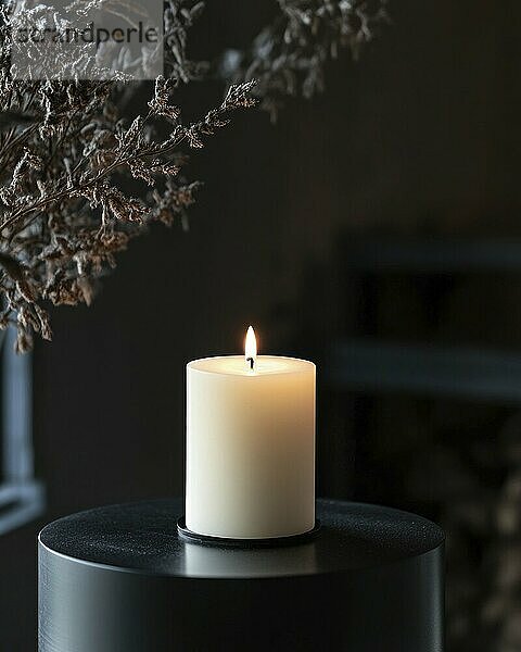 A white candle with a flame  surrounded by dried flowers against a softly lit dark background AI generated