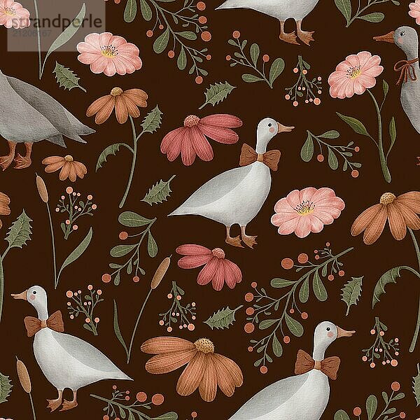 Seamless watercolor pattern illustration with geese  wildflowers and leaves on white background