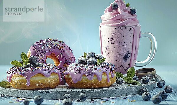 A image of blueberry cream cheese donuts on a light blue background AI generated