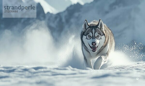 Ein großer Hund rennt durch den Schnee und hinterlässt eine Spur aus weißem Pulver. Der Hund scheint sich zu amüsieren  denn er läuft mit herausgestreckter Zunge und weit aufgerissenen Augen. Die Szene ist lebendig AI generiert  KI generiert