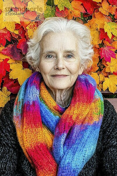 Elderly woman with colourful scarf in front of a wall of autumn leaves  generated with AI  AI generated