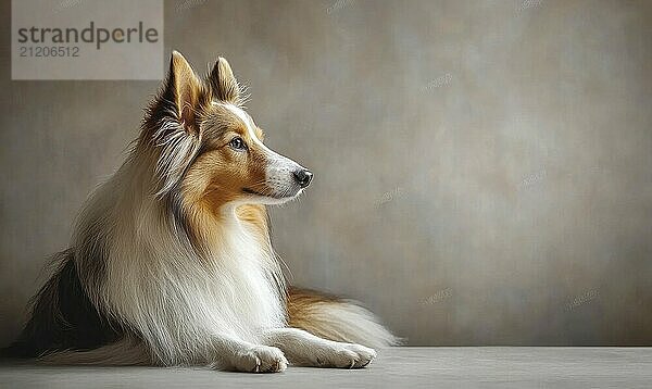 A Shetland Sheepdog captured in a studio with a simple gray background AI generated