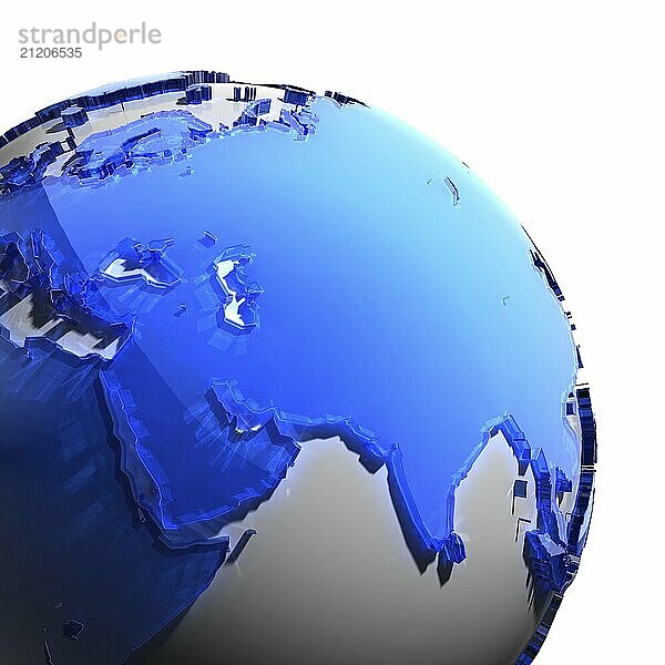 Ein Fragment der Weltkugel mit den Kontinenten aus dickem  facettiertem blauem Glas  das auf hartes Licht fällt und einen ätzenden Glanz auf Gesichtern erzeugt. vor weißem Hintergrund