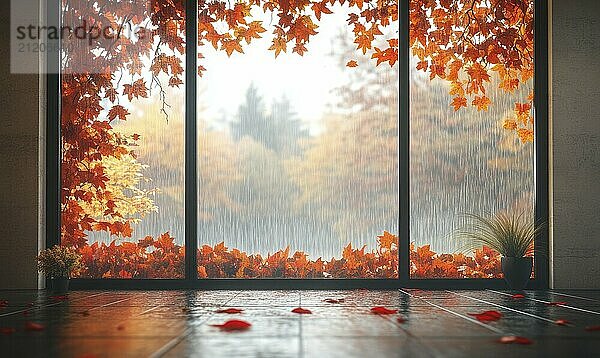 View from the large window on misty autumn landscape AI generated