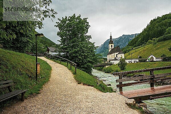 View of the parish church of St. Sebastian in Ramsau in Bavaria  Germany  Europe