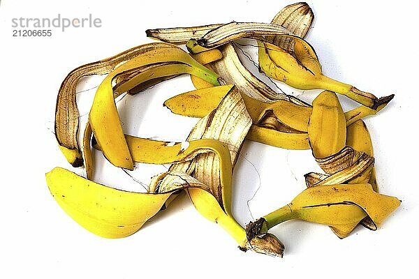 Banana peels on a white background. Isolated for easy separation of food products