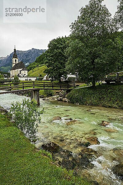 View of the parish church of St. Sebastian in Ramsau in Bavaria  Germany  Europe