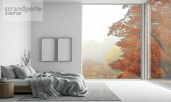 Minimalist Scandinavian bedroom with soft gray bedding  large windows and golden autumn leaves AI generated