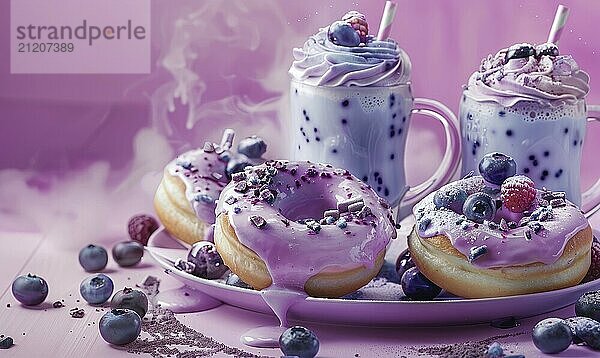 Blueberry donuts on a pastel purple background AI generated